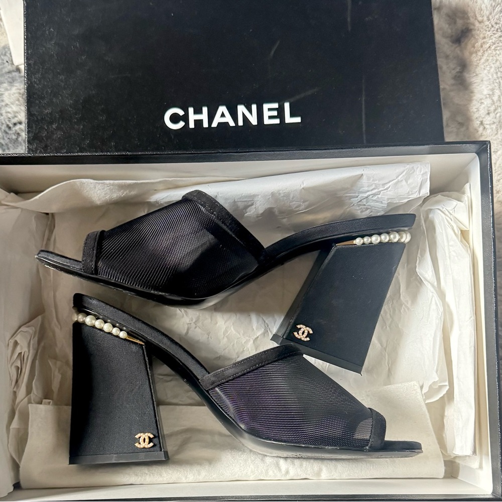 CHANEL Black Mesh Pearl Open Toe Mules size 9